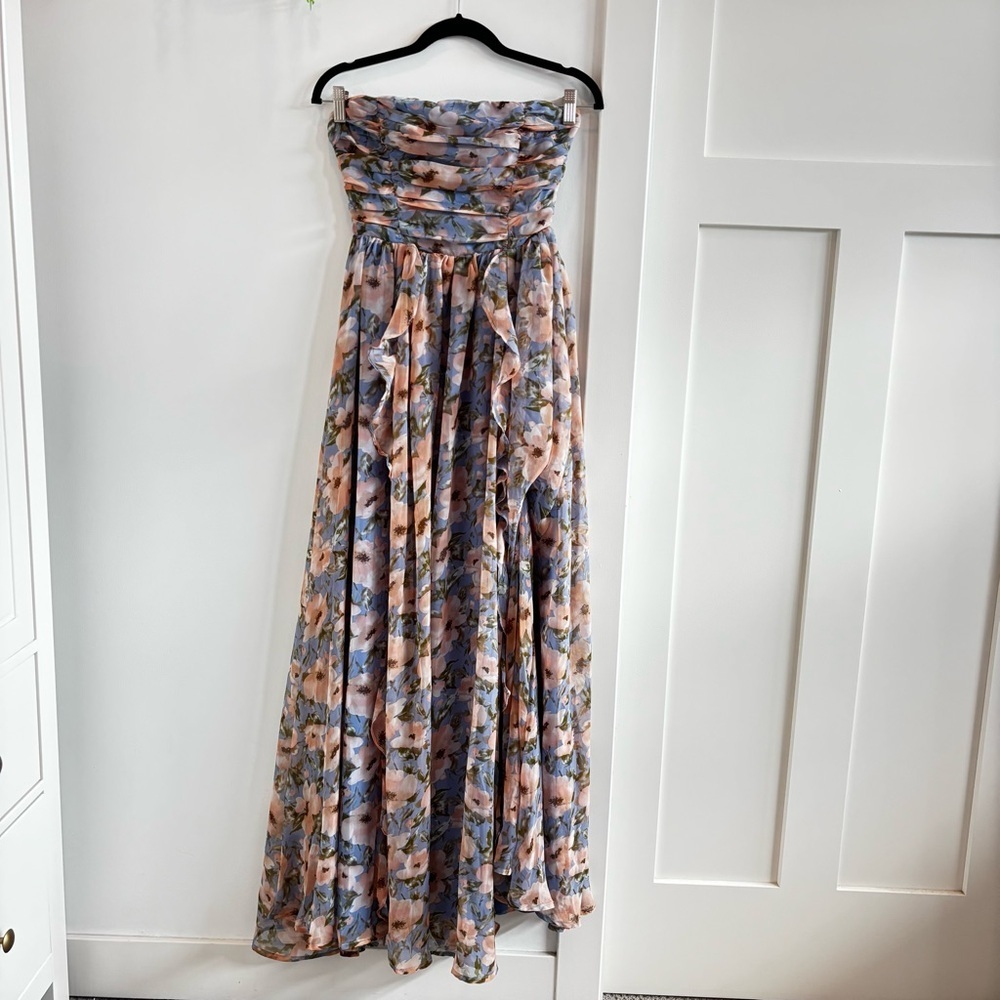 Fashion Nova Sophia Chiffon Pastel Floral Strapless Maxi Dress Blue Size Small